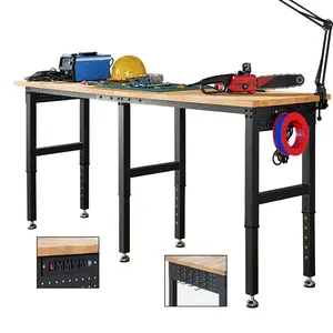 Amerlife 84x24 In Adjustable Workbench with Power Outlets, Rubber Wood Top Heavy Duty Workbench with Hooks for hanging, Max 5000 LBs  Workbench for Garage Woodworking and Cutting, Workshop, Home, Office