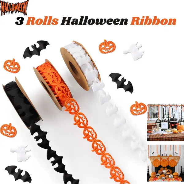 Halloween Craft Ribbon (3 Rolls, 15 yd) - Black, Orange, White Pumpkin Bat Ghost Ribbon for Gift Wrapping, Party Decorations, DIY Home Festive Supplies