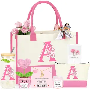 Mothers Day Birthday Personalized Monogrammed Customized Pink Gifts for Women, Initial A Birthday Graduation Gift Basket for Women Christmas Valentines Day Ideas Present for Her Set of 7