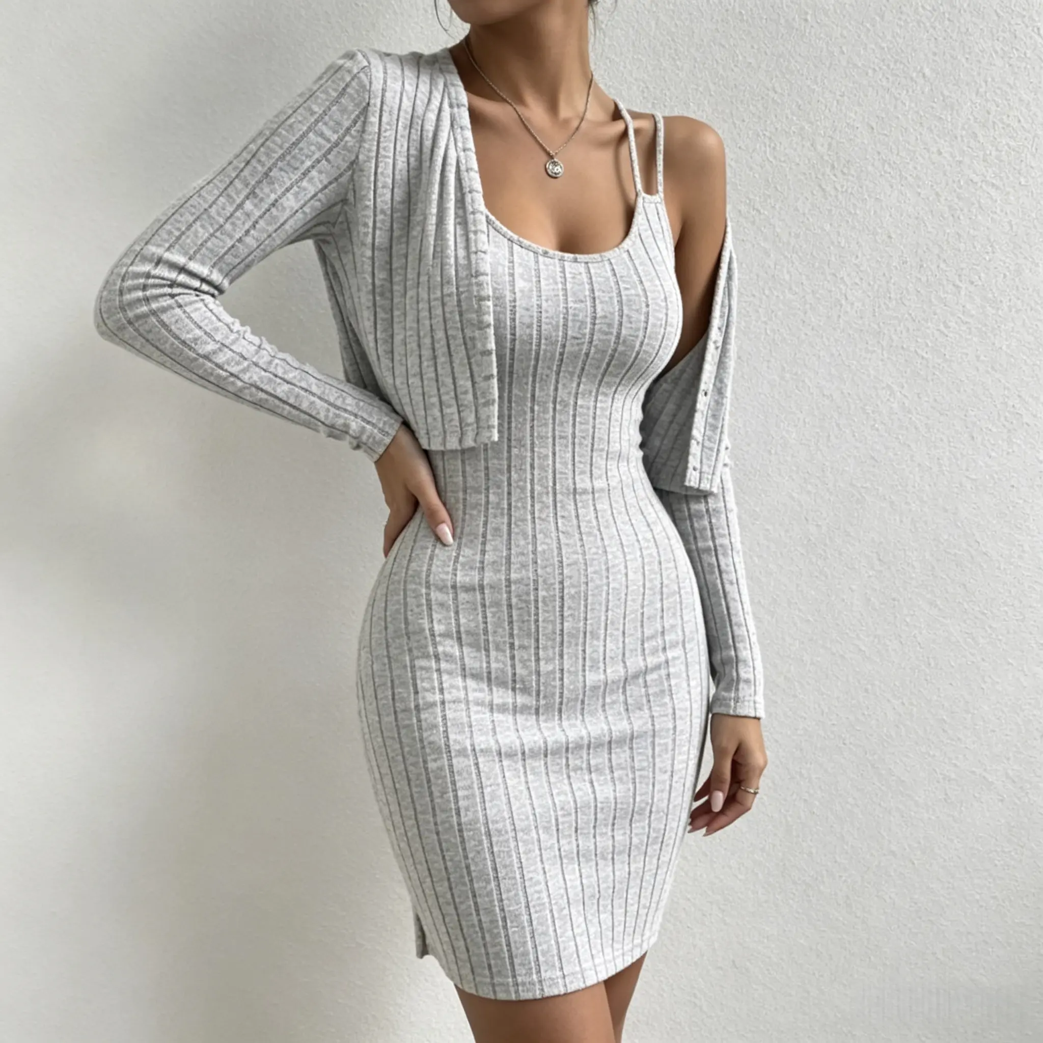 Women's Summer Fashion 2-Piece Vertical Stripe Knit Set - Long Sleeve Cropped Arm-Shaping Cardigan, Slim Spaghetti-Strap Curve-Highlighting Maxi Dress, Comfortable Casual Wear Essential