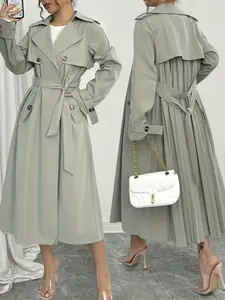 Women's Minimalist Casual Loose Fit Trench Coat Outerwear with Button Closure, Front Pockets, Back Pleating, Lined and Belted Design for Office and Home Wear