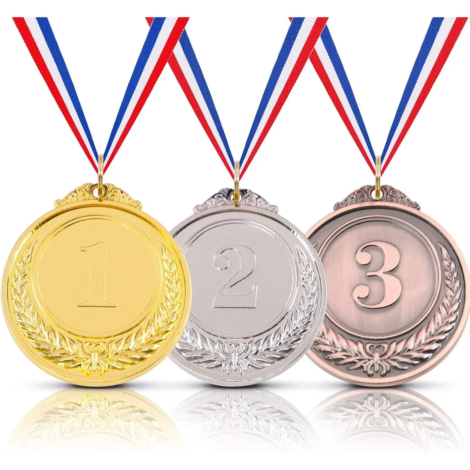 Gold-Silver-Bronze 3-Medal Set with Ribbon, Olympic Style with Olympic Wheat Logo, Trophy Award for Kids’ School Sports Events & Swimming Celebrations