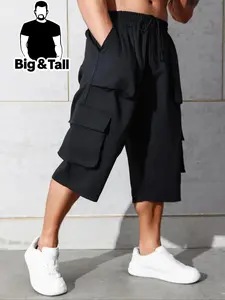 Men's Plus Size Plain Flap Pocket Drawstring Waist Capri Pants, Regular Fit Casual Comfy Cargo Trousers for Daily Outdoor Wear, Men's Plus Size Bottoms for All Seasons, Casual Fashion Trousers