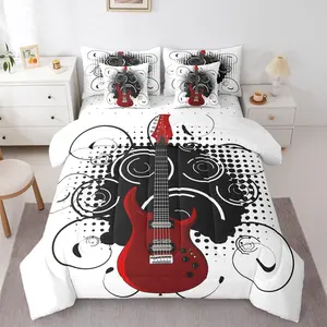 Guitar 7 Piece Bedding Set,Rock Music Comforter Set with Sheets, Electric Guitar Bed in A Bag,Black Spiral Grunge Style Bed Sets