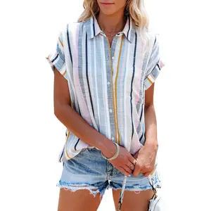 Tankaneo Womens Short Sleeve Striped Shirts Casual Button Down V Neck Work Blouses Tops