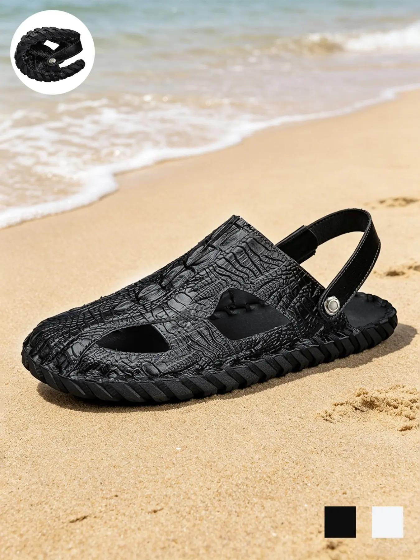 Men's Closed Toe Sandals Breathable Lightweight Non-Slip Alligator Pattern Athletic Sandals Fisherman Shoes Two-Way Wear Slingback Flat Adventure Sandals Retro Sporty Summer Black  White Microfiber Leather for Beach Vacation Camping Big Size 11-13
