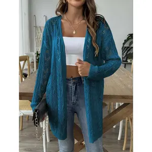 Women's Solid Color Hollow Out Open Front Crop Cover Up Sweater, Casual Long Sleeve Knitwear for Beach Holiday Vacation, Ladies Clothes for All Seasons