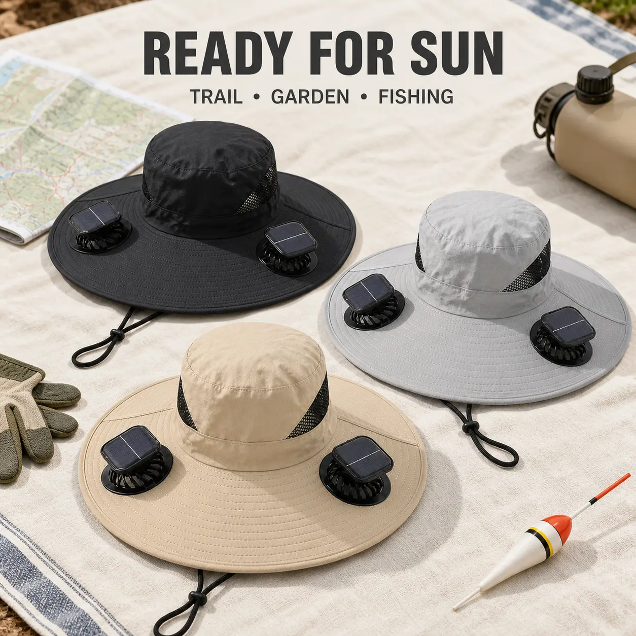 Outdoor Solar Fan Fishing Hat, Wide Brim UPF 50+ Sun Protection Hat with 2 Cooling Fans, USB Rechargeable 3 Speed Hands Free Cooling Bucket Hat for Beach, Camping, Hiking and Gardening