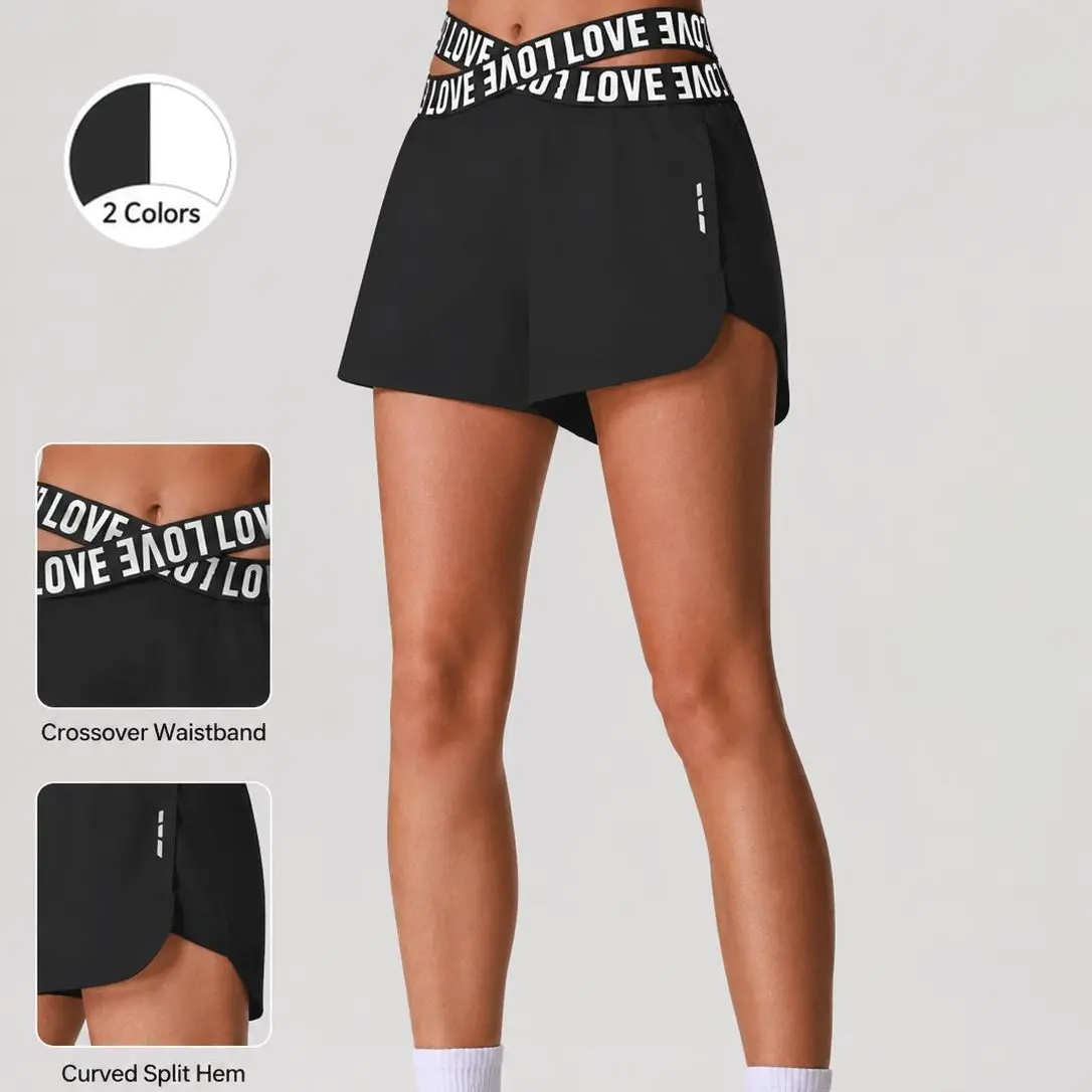 Women's Letter Print Crossover Waistband Running Shorts - Curved Split Hem, Lightweight, Athletic Workout Shorts with Side Pockets biker