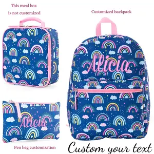 Custom Embroidered Rainbow 3 Piece Set: Backpack  Cute Polyester Backpack, Lunch Box and Pencil Case with Adjustable Straps - Zipper Closure, Hand Washable -Perfect for Teens and Seniors Cute Backpack for Women Girls Cute Mini Backpack Happy Return Class