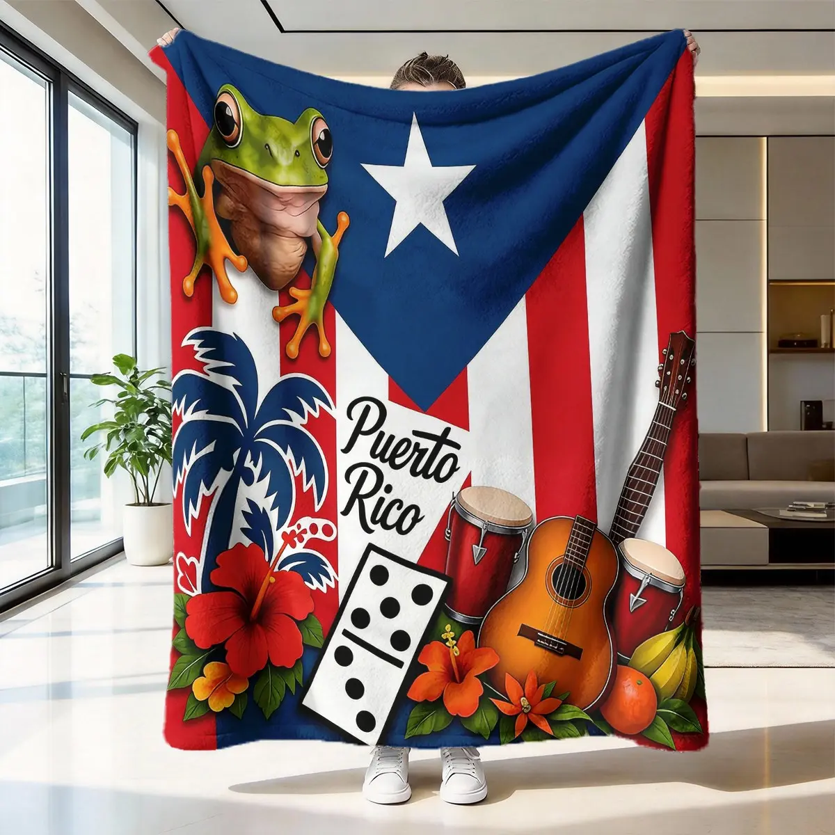 Puerto Rican Style Flannel Printed Blanket, Warm Caribbean Theme Throw, Tropical Home Decor, Wrinkle Resistant, watch party blanket,game viewing blanket,moon viewing blanket,Camping Blanket, Cozy Throw Blanket