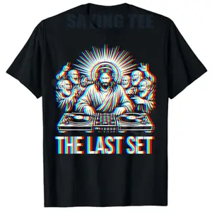 Jesus Last Set Rave T-Shirt Glitchy DJ EDM Techno Rave Festival Shirts Y2k Rock Punk Graphic Saying Tee Novelty Personality Gift