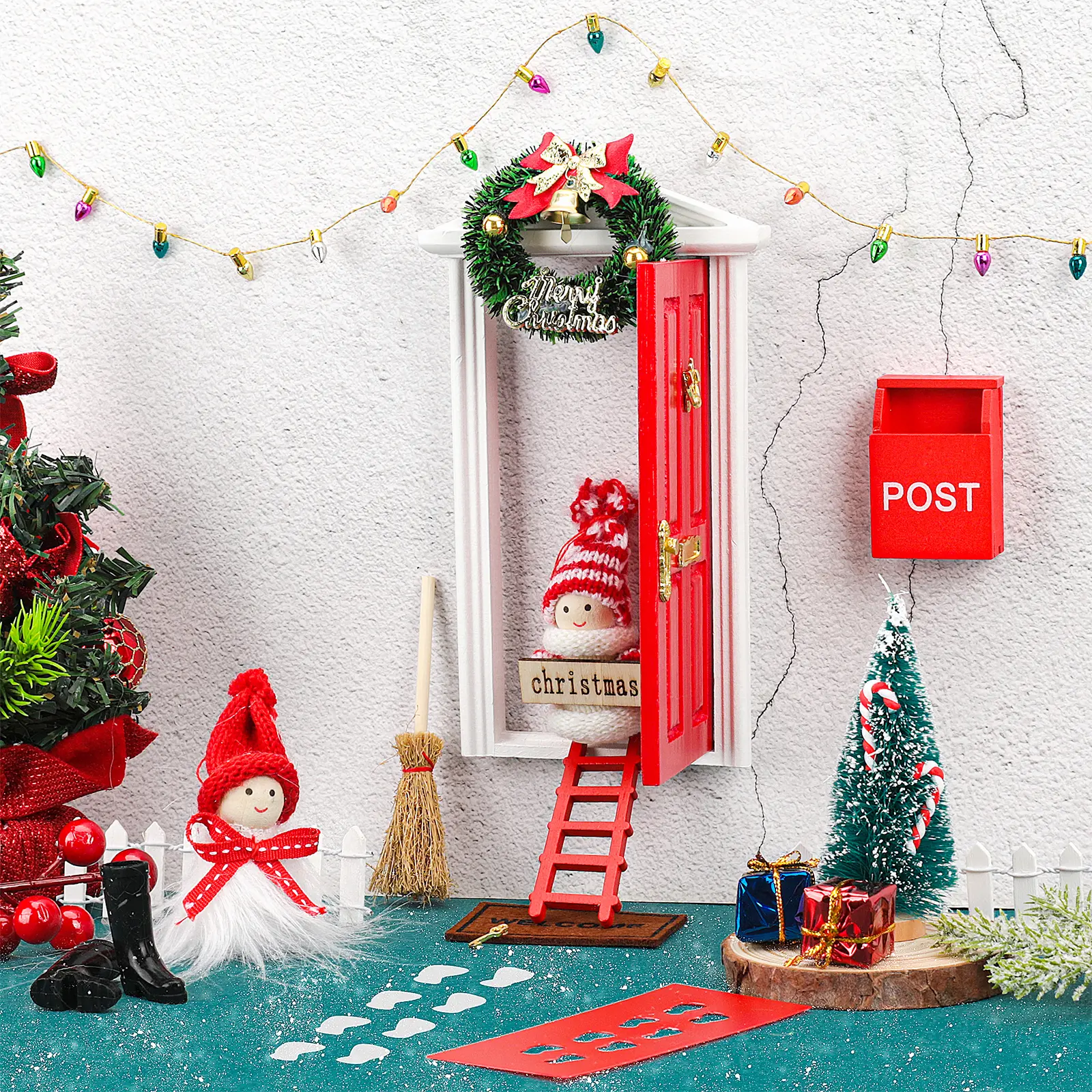 22 Pcs Red Fairy Door Kit - Garden & Dollhouse Miniature Fairy Tale Decor with Wooden Fence, Elf Dolls, Key, White Fences, Christmas Gift Boxes, Mailbox - DIY Spring Outdoor Ornament for Kids