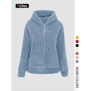 Women’s hooded plush jacket with pockets and drawstring, casual zip-up jacket, suitable for all seasons (spring, autumn, and winter).