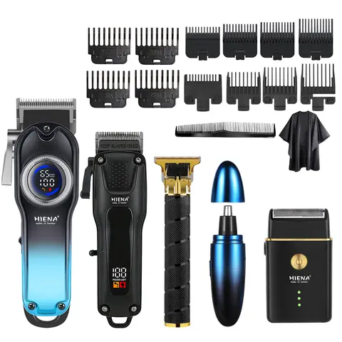 MOVATEK Portable 5-in-1 Automatic Battery-Powered Handheld Hair Clipper & Full Groom Kit for Men - LCD Display, T-Blade Trimmer, Nose Hair Shaver, Foil Shaver, Adjustable Guard Combs, Cape, USB Charging, Precise Haircut, Barber Equipment, Home Use