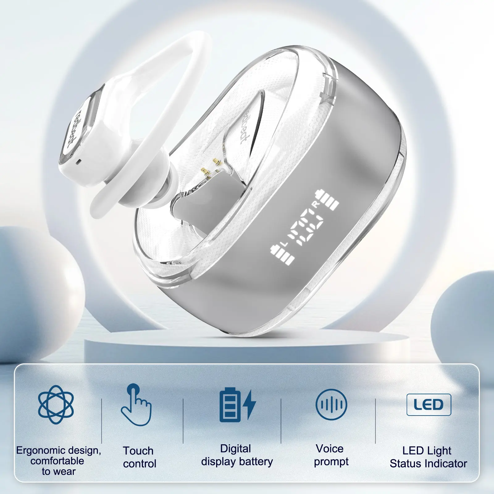 Redbeat E1 TWS Wireless Earbuds, Bluetooth 5.3 Headset with Hands Free Calls, Secure Fit True Wireless Audio Device