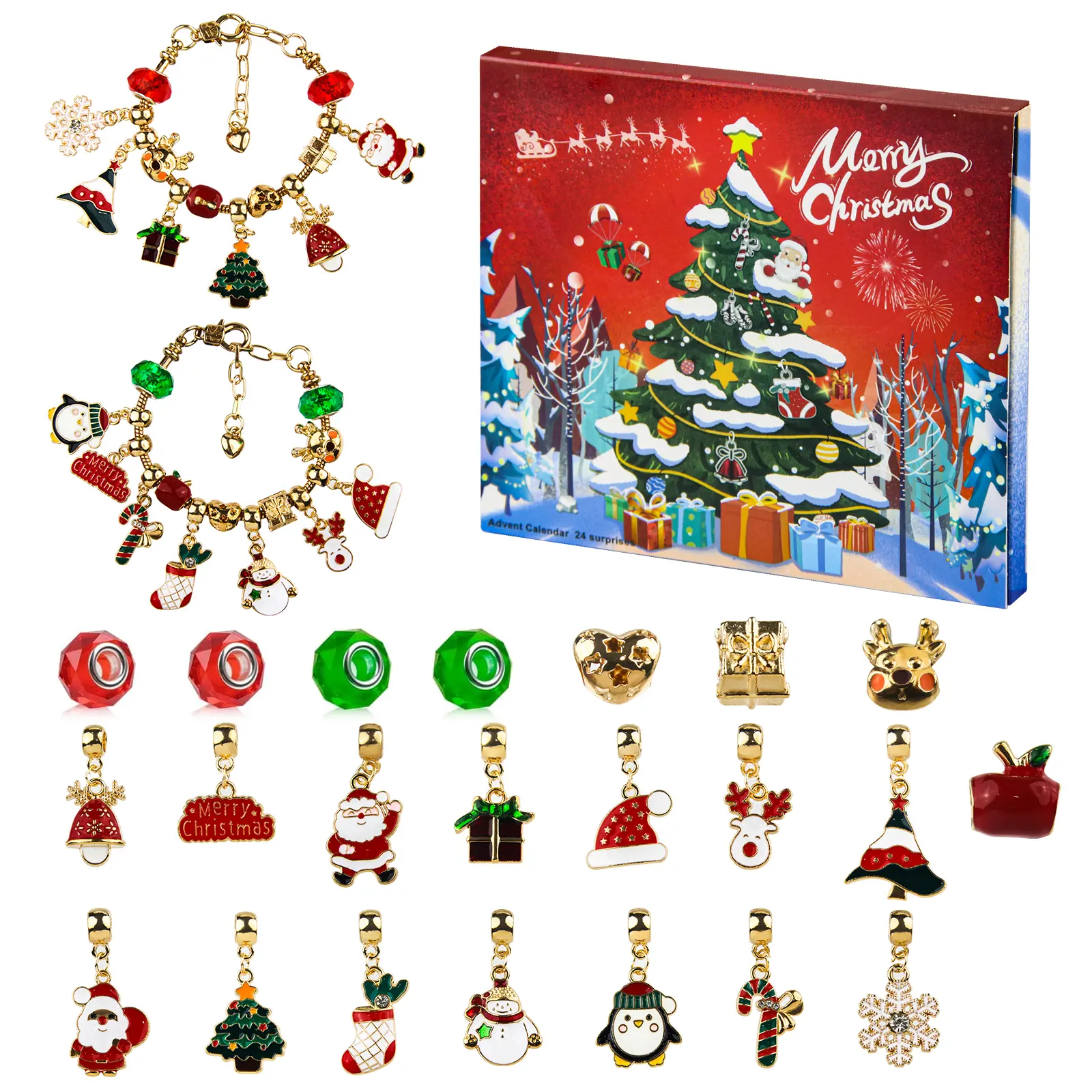 Advent calendar bracelet set, Christmas bracelet, beaded charm bracelet, 24-day Christmas countdown DIY jewelry making gift box contains 22 charm beads and 2 bracelets (can be randomly matched), the perfect holiday surprise gift