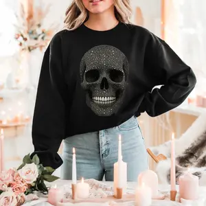 Faux 3D Rhinestone Skull Sweatshirt - Black Long Sleeve Crew Neck Casual Top for All Seasons