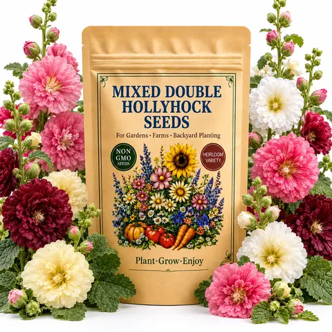 100 Mixed Double Hollyhock Seeds for Planting, Tall Layered Flowers for Cottage Gardens
