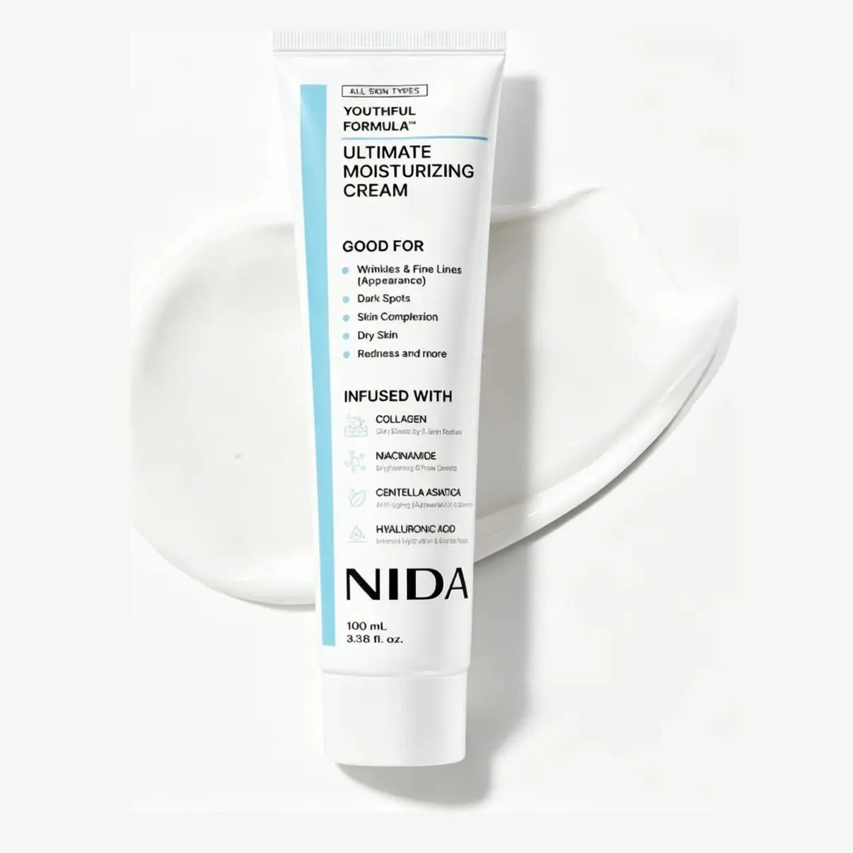 NIDA Youth Moisturizing Face Cream 100ml | Collagen Niacinamide Centella & Hyaluronic Acid, Reduce Dark Spots & Wrinkles, Dark Spots, Skincare Hydrating Daily Moisturizer Moisture Hydrate