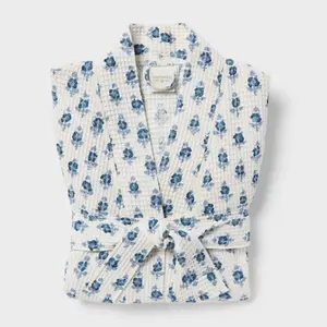 S/M Floral Waffle Bath Robe Blue/White - Threshold