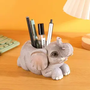 Creative Cute Elephant Multi-Functional Desktop Pen Holder, Pen Cups, Bathroom Toothbrush Storage Organizer, Resin Figurine Home Decor