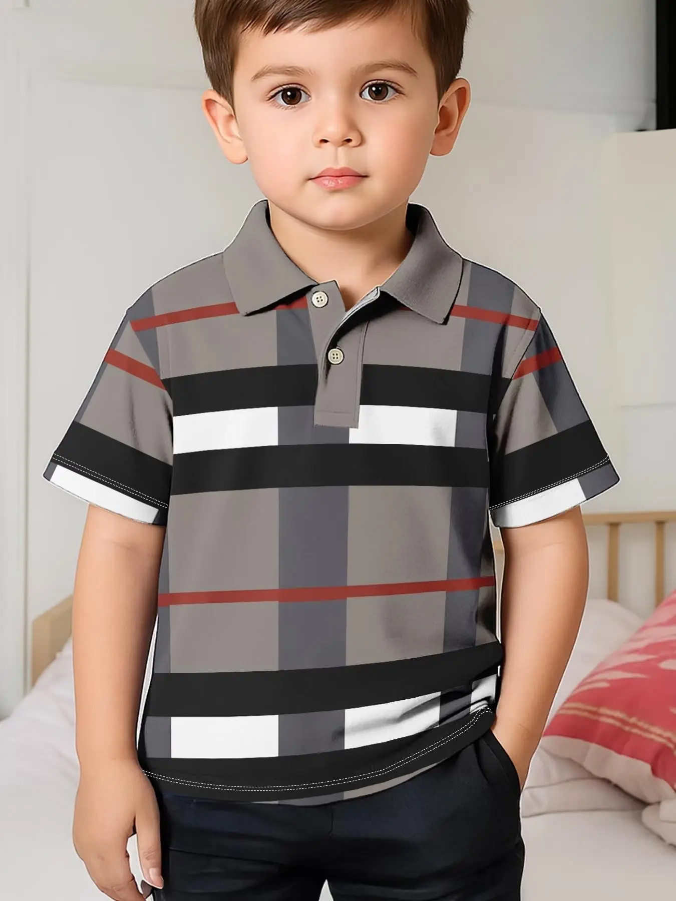 Classic Plaid Buttoned Polo Shirt for Kids, Checkered Design, British Gentleman Style, Slim-Fitting Casual Top, All Seasons Wear, Casual Polo Shirts, Button Up Shirts