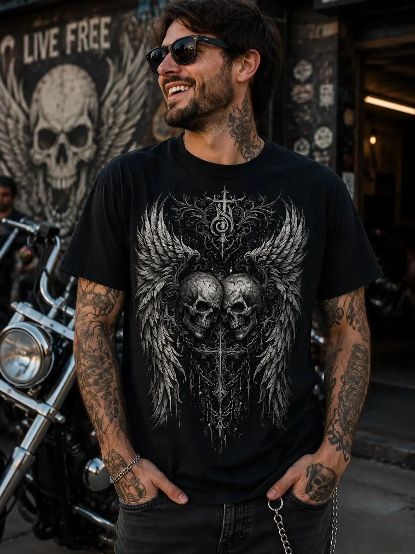 Affliction T Shirt, Winged Skull Graphic Tee, Gothic Skull Shirt, Vintage Tattoo Style, Biker Shirt, Heavy Cotton Unisex Gift