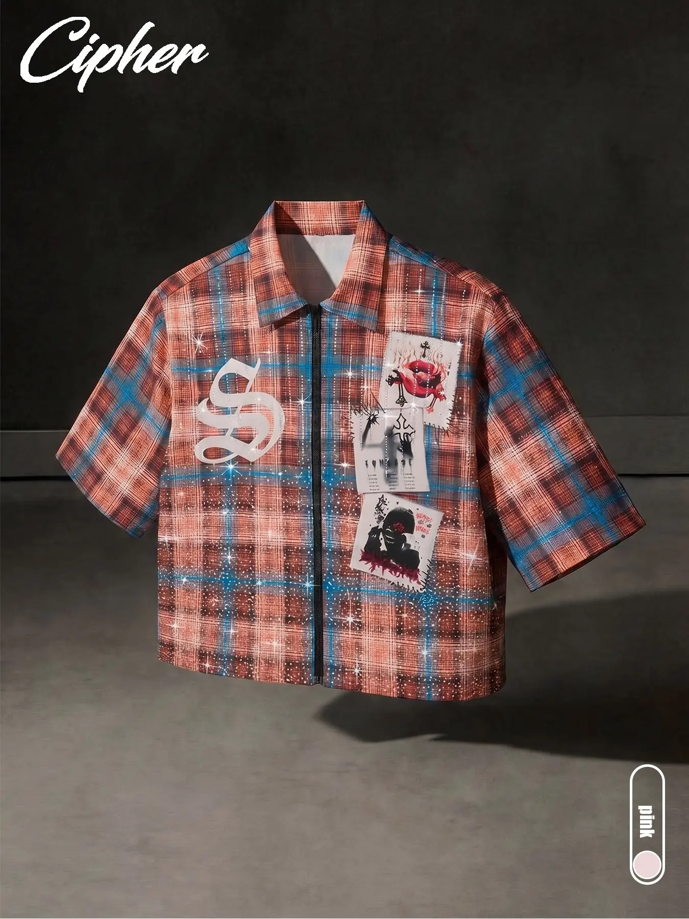 Vintage Rhinestone Plaid Cropped Cool Streetwear Shirt Gothic Rose & Silhouette Patchwork Streetwear Aesthetic Casual Stylish Clothing Casual Design Short Sleeve Blouse Top Casual Stylish