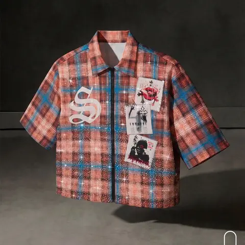 Vintage Rhinestone Plaid Cropped Cool Streetwear Fashion Shirt Gothic Rose & Silhouette Patchwork Streetwear Aesthetic Casual Design Short Sleeve Blouse Top Casual Stylish