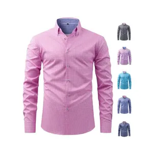 Men'S Classic Plaid Dress Shirt, Polyester Blend, Mature Style, Lapel Collar, Long Split Sleeve, Slight Stretch Fabric, Regular Fit, with Color Block Detail, for Spring/Fall - Woven Adult Shirting