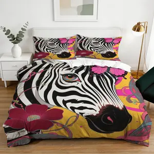 Zebra Floral Pattern Duvet Cover Set, Soft And Durable Bedding Set, Contains 1 Duvet Cover And 1 Or 2 Pillowcases, Does Not Include Duvet Cover And Pillow Insert, For Home Bedrooms And Dormitories, Suitable As Holiday Gifts For Teenagers And Adults