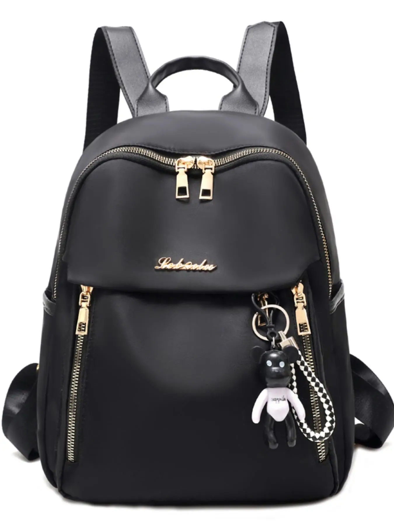 Fashion Letter Metal Label Tag Decor Nylon Backpack with Bear Shaped Charm, Casual Large Capacity Zipper Backpack for Women, Simple Solid Color Classi