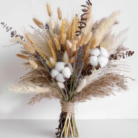 Rustic Boho Natural Decorative Assorted Bits Artificial Bouquet Mix - Dried Pampas Grass, Cotton Stems, Bunny Tails, Eucalyptus, Lavender, Wheat, Roses, Baby's Breath Ornaments for House Decor, Versatile Use
