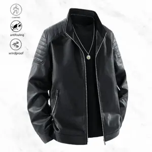 Men's Stand Collar Motorcycle Style Leather Jacket, Vintage Cool Style, Premium Leather Material, Shoulder Panel Design Adds Layering, Zipper Pockets Practical and Stylish, Suitable for Outdoor Camping, Street Style or Daily Commuting, Easily Creates a Ru