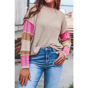 Simply Taupe Colorblock Exposed Seam Round Neck Sweater