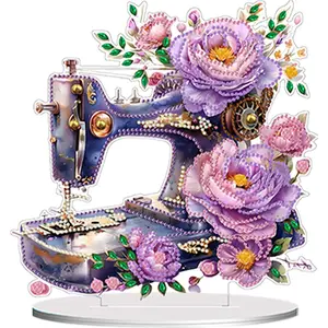 2D Flat Flower Sewing Machine Print DIY Diamond Painting Tabletop Ornaments Kit Table Top Diamond Painting Ornament Kits 5D DIY Diamond Art Tabletop Decorations for Home Office Desktop Decor