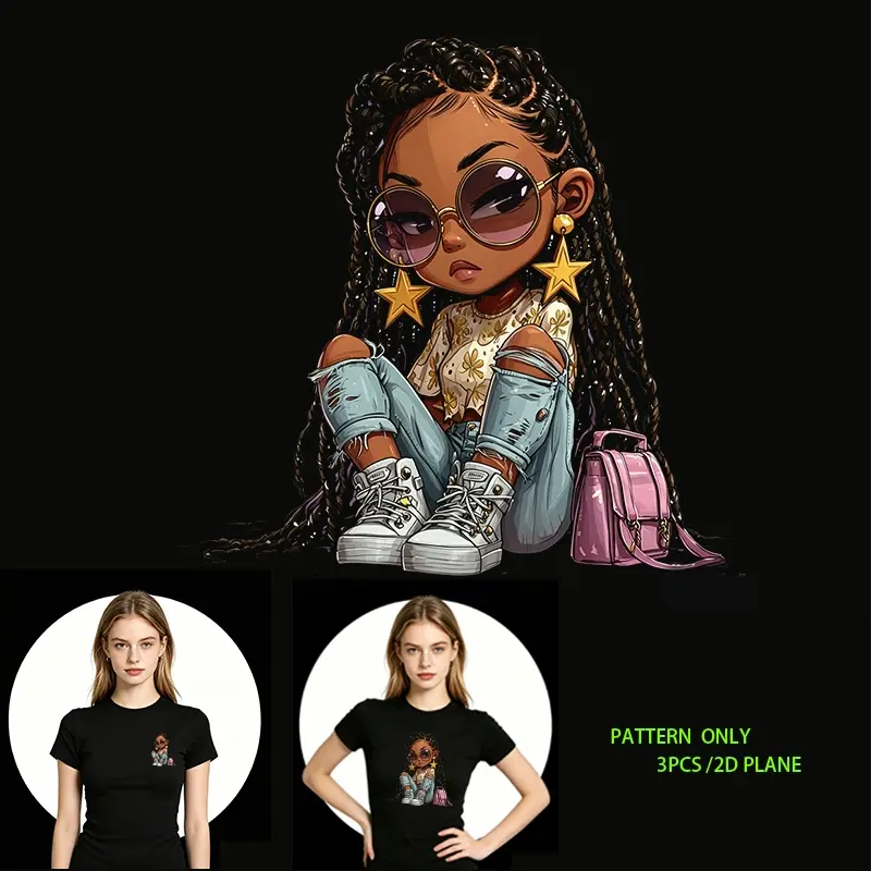 Star & Cool Girl DTF Heat Transfer Vinyl, DIY Clothing Iron-On Decal for T-Shirts, Jeans, Hoodies, Backpacks, Washable & Creative Fashion Design, Pattern Only