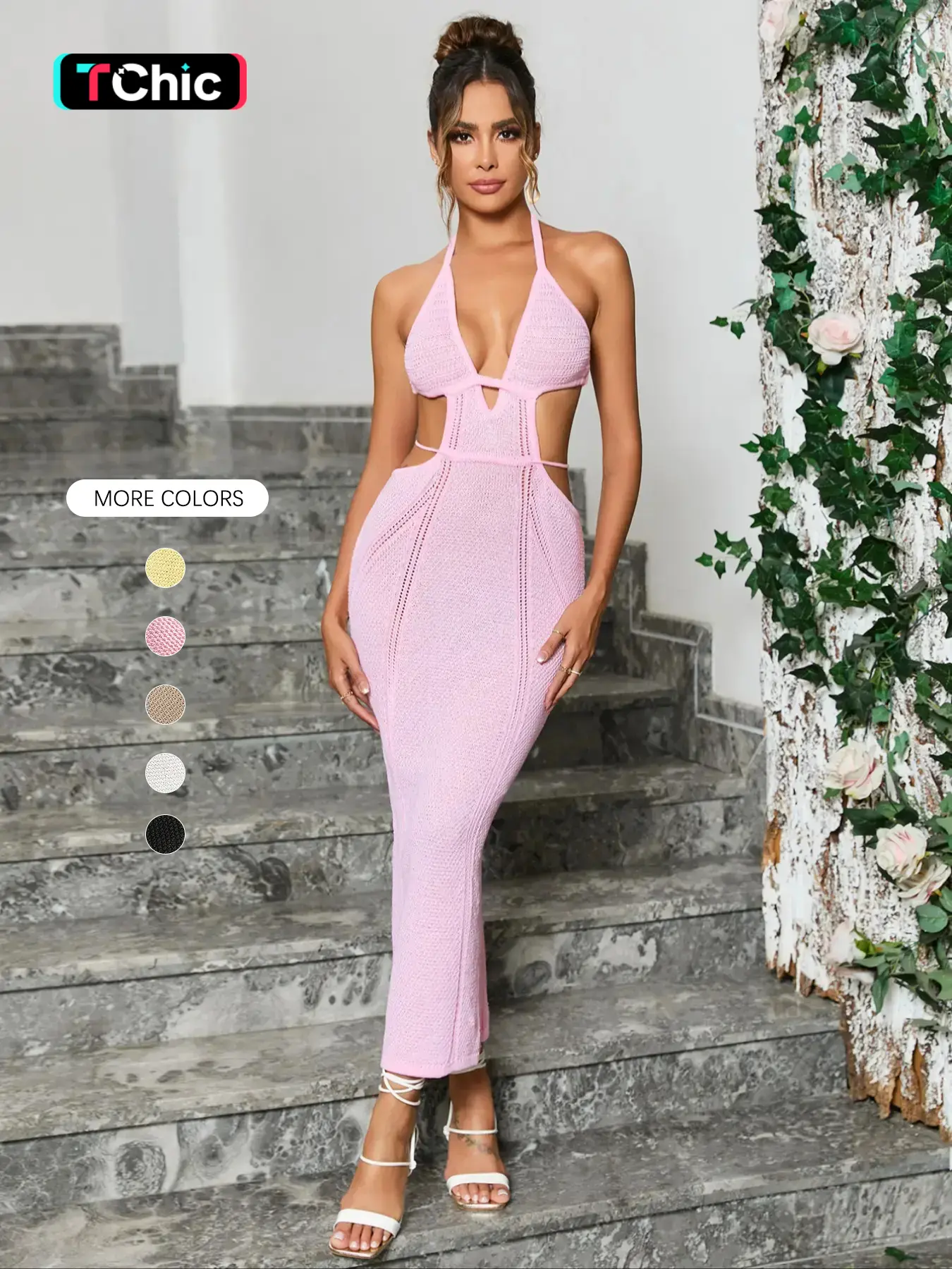 Women's Plain Cut Out Halter Neck Tie Back Bodycon Sweater Dress, Elegant Sexy Fashion Backless Knit Dress for Dating Party Wear, Women Knitwear for S