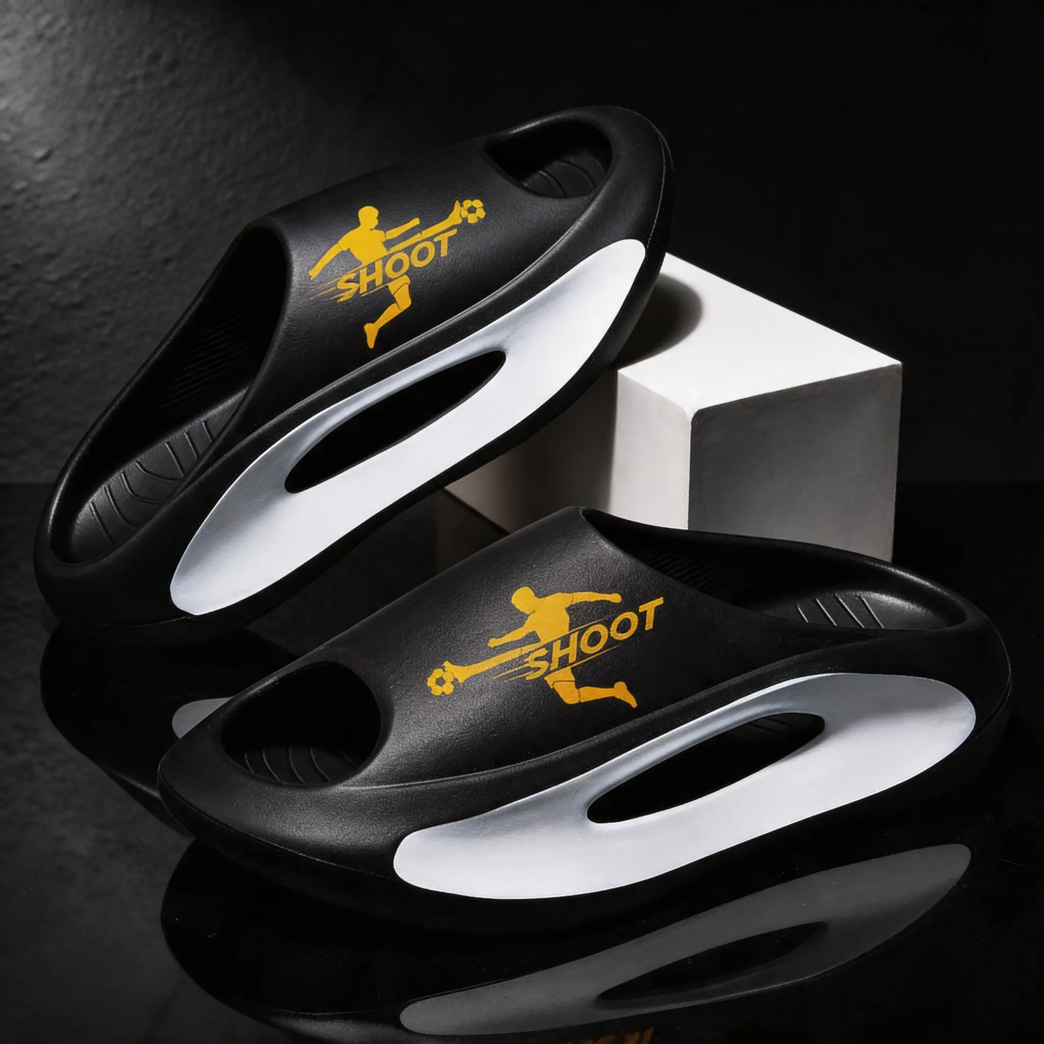 Men’s Game Day Soccer Slides - SHOOT Graphic Thick Cushion Platform Shoe, Anti-Skid Comfort Open Toe Athletic Footwear, Fashion Slippers for Soccer Fans Match Night Viewing, Anti-Skid Men's Fashion Slippers