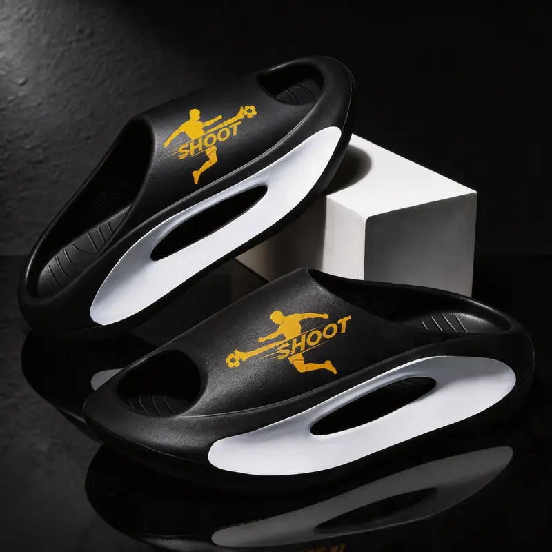 Men’s 2026 Season Game Day Soccer Slides - SHOOT All Over Print, Cushioned EVA Thick Platform, High Traction Grip, Breathable, Casual, Ankle Support, Open Toe, for Aspiring Strikers Coaches Soccer Fans