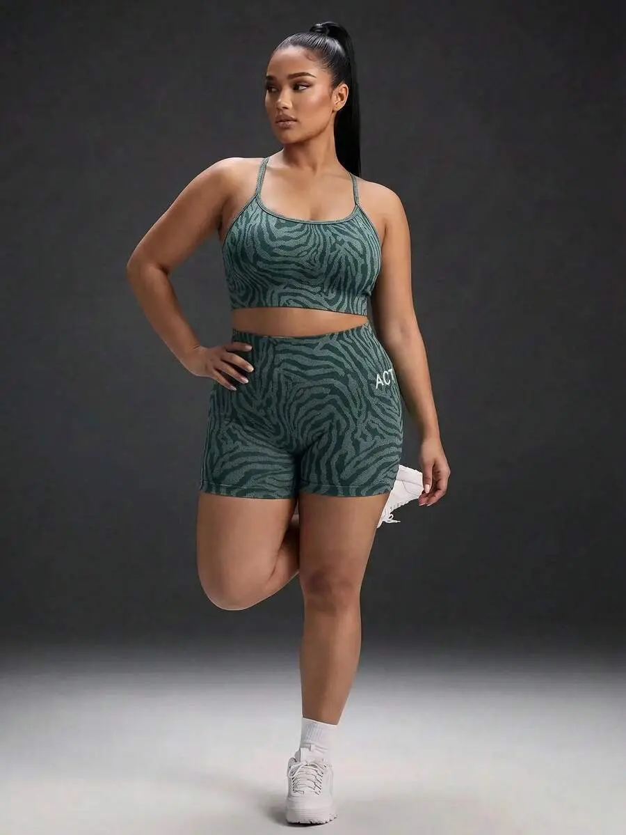 SLAYAURA Plus Size Zebra Print Cropped Camisole Top And Letter Print Shorts Sports Set Daily Gym Travel Yoga Fitness Dark Green Summer