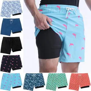 Men's Double Layer Swim Trunks - Swim Bottoms with Built-in Tech Liner Shorts, Tropical Print Summer Apparel for Beach, Gym