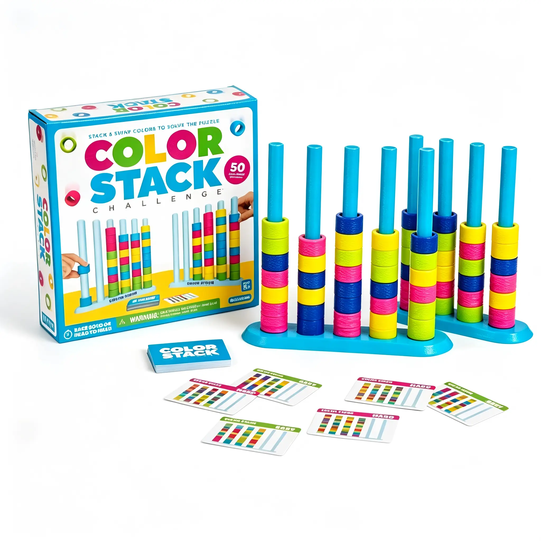 2-Pack ABS Stacking Puzzle Toy for Boys Girls (8-10 Years) - Fast-Paced Building Blocks with 2 Stacking Trays, 50 Double-Sided Challenge Cards, 80 Rings, Color & Logic Dual Challenge, Math Thinking, Fine Motor Training Brain Teaser Gift