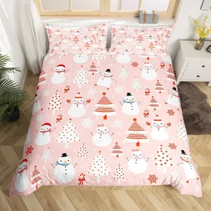 Christmas Cartoon Snowman Duvet Cover,Christmas Tree Decor Bedroom Decor Quilt Cover,Pink Dots Xmas Theme Pattern Bedspread Cover,No Comforter