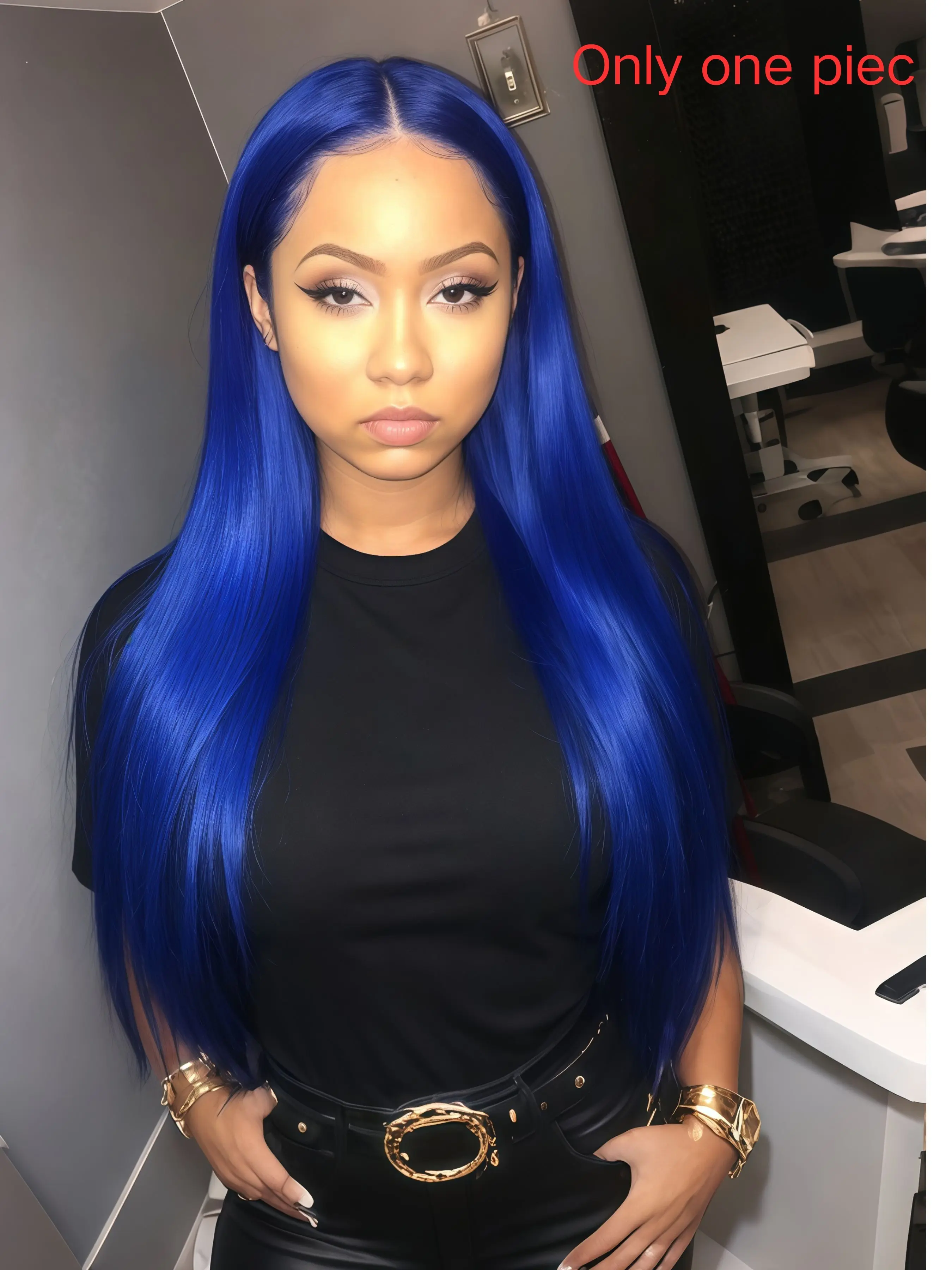 Deep Blue Long Straight Lace Front Wig, 13x4 Heat Friendly Synthetic Fiber, Heat Resistant, Pre-Plucked Hairline, Role Play, 28 Inches, Synthetic Wigs