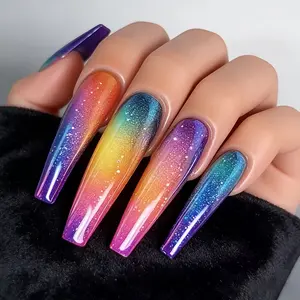 24pcs Rainbow Gradient Glitter Nail Tips, Long Glossy Ballerina Shape, Style Aurora False Nails, Trendy Nail Art Accessories, Nail Art Supplies