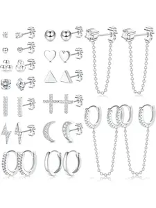 Delicate 15 Pairs Silvery Shining Ear Studs Hoop Trendy Stainless Steel Earrings Copper Huggie Hoop Earrings Set for Women Men Hypoallergenic Small Dainty Minimalist Chain Earrings CZ Ball Cross Stud Earrings Sets for Multiple Piercing