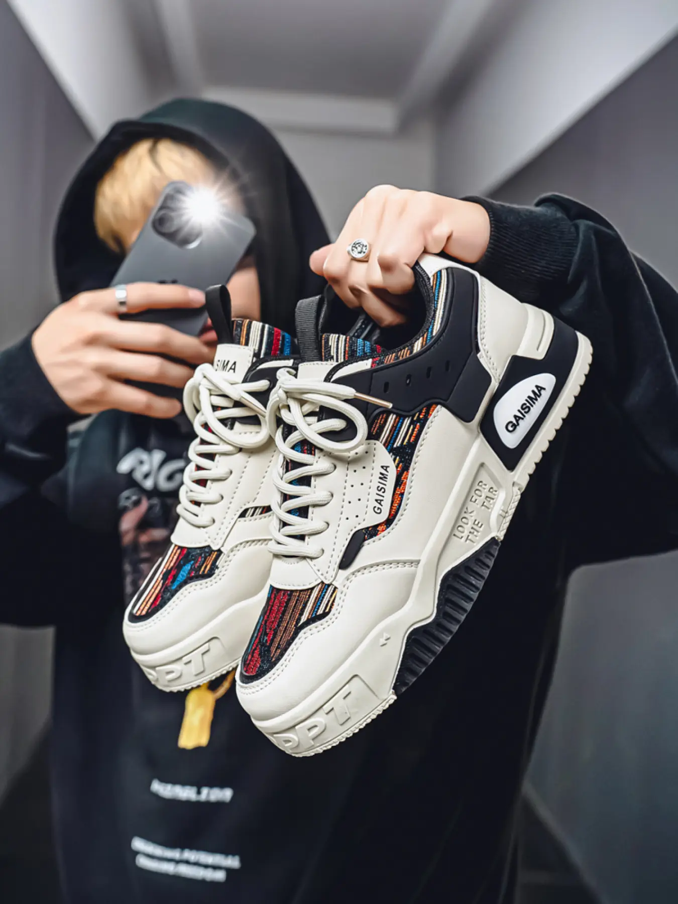 Men's Beige-Navy Ethnic Style Platform Casual Sneakers, Trainer, Sports shoes: Mesh Breathable + Height-Increasing Anti-Slip, Daily Outfit Trendy Shoes