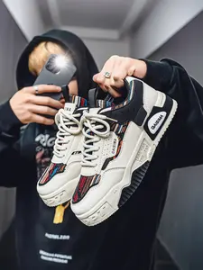Men's Beige-Navy Ethnic Style Platform Casual Sneakers: Mesh Breathable + Height-Increasing Anti-Slip, Daily Outfit Trendy Shoes